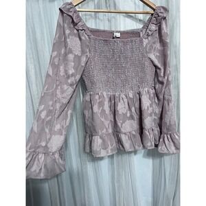Cato Womens Large Mauve Floral Burnout Smocked Peplum Blouse FairySleeve Ruffle